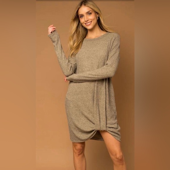 New Gilli Twisted Ribbed Long Sleeve Brown/Taupe/Neutral Dress - Picture 3 of 6